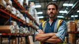 Fototapeta  - confident worker standing arms crossed in distribution warehouse