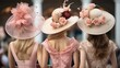 Back view portrait of three young ladies in glamour pink hats, friends. They have made preliminary bets on match and cheers.