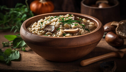 Poster - Healthy vegetarian meal served on a rustic wooden table with fresh ingredients generated by AI