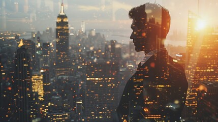 Wall Mural - Double exposure photo a businessman and view of the city