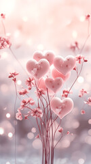 Wall Mural - Delicate pink airy pastel background with twigs and hearts. Valentine's Day card