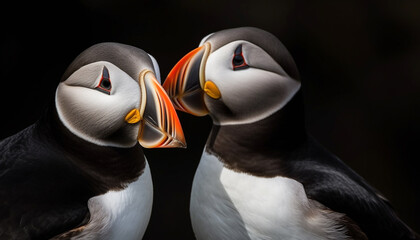 Wall Mural - Close up of two Atlantic puffins, their beaks and feathers vibrant generated by AI