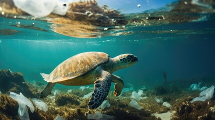 Wall Mural - animal struggling with plastic pollution in the ocean generative ai