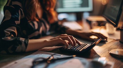Poster - Finance and accounting concept, female accountant using calculator and computer in office