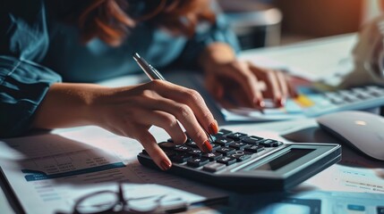 Poster - Finance and accounting concept, female accountant using calculator and computer in office