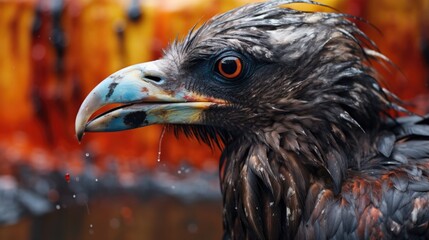 Wall Mural - bird covered in oil after an environmental disaster, highlighting pollution consequences generative ai