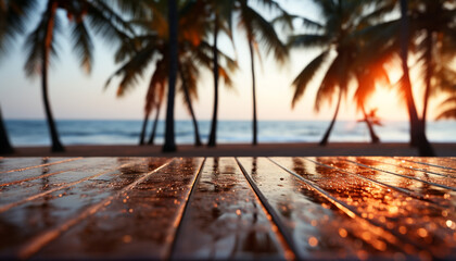 Poster - Tropical palm tree on sandy beach, sunset tranquil beauty generated by AI