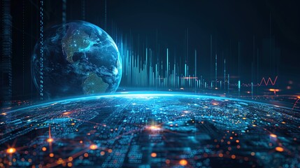 Poster - Hi-tech hologram of planet Earth with glowing vector chart of investment financial data. Graph stock market with rising candlesticks.