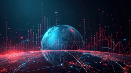 Poster - Hi-tech hologram of planet Earth with glowing vector chart of investment financial data. Graph stock market with rising candlesticks.