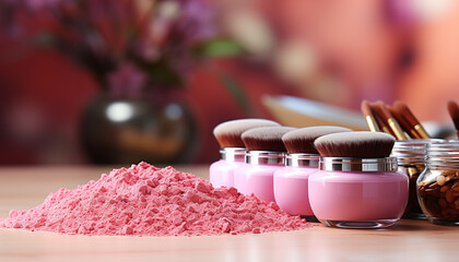 Sticker - Freshness and beauty treatment in a pink jar on a wooden table generated by AI