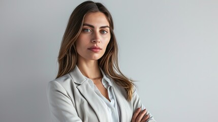 Poster - Portrait of confident businesswoman standing against white background and looking at camera copy space ad new isolated over bright white color background