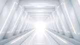 Fototapeta Perspektywa 3d - White futuristic tunnel leading to light. Wide angle. Modern style abstract 3d rendered background. Generative Ai