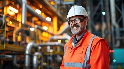 Poster - Portrait of Smiling Professional Heavy Industry Engineer / Worker Wearing Safety Uniform and Hard Hat.