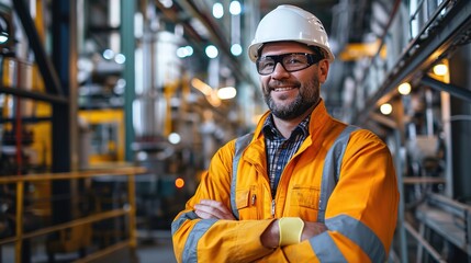 Poster - Portrait of Smiling Professional Heavy Industry Engineer, Worker Wearing Safety Uniform and Hard Hat
