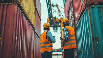 Canvas Print - Professional of two engineer container cargo foreman in helmets working standing and using walkie talkie checking stock into container for loading.logistic and business export