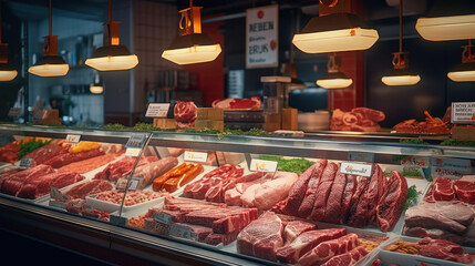 Wall Mural - Close-up of the meat counter