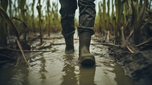 Low Angle Photography Of A Farmer Man Wearing Olive Green Boots, Walking Through The Muddy Corn Field After The Water Or River Flood. Destroyed Agricultural Soil, Damaged Countryside Crops Or Plants