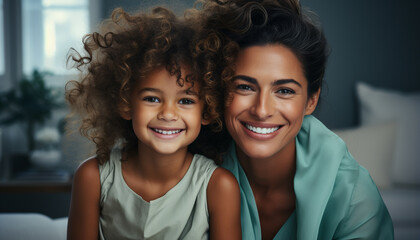 Wall Mural - Smiling mother and daughter, indoors, bonding, love, happiness, togetherness generated by AI