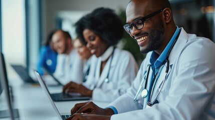 Wall Mural - Successful medical doctors using a laptop and smiling while