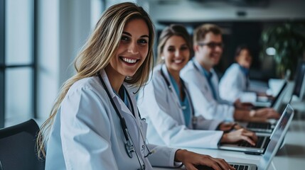 Wall Mural - Successful medical doctors using a laptop and smiling while