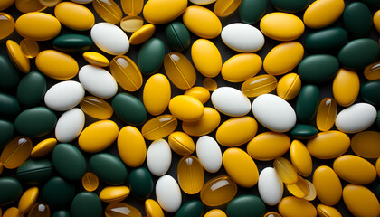 Poster - Close up of a large group of colorful medicine capsules generated by AI