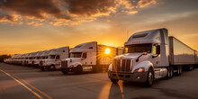 International Center Warehouse, Logistic Banner. Cargo Trailers Trucks Stand In Row, Sunset Light