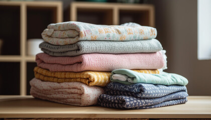 Poster - Stack of folded clothing in a modern bedroom, softness and comfort generated by AI