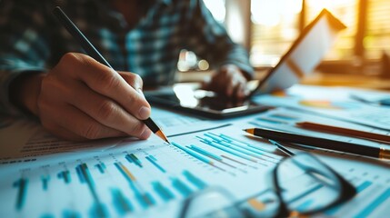 Poster - Working as an accountant Calculate and assess business and marketing growth on financial document data graphs, Accounting, and Economics