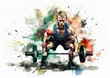 Watercolor abstract illustration of weight lifting. Weightlifting player in action during colorful paint splash, isolated on white background. AI generated.