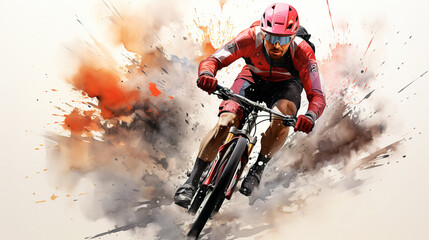 Watercolor abstract depiction of mountain biking. Cyclist in action during colorful paint splash, isolated on white background. AI generated.