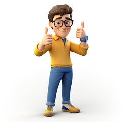 Cheerful man 3d character on white background and showing thumbs up