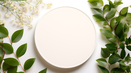 White round template podium mockup natural organic cosmetic product presentation promo with green leaves flowers nature frame flat lay background trendy stylish minimalist flatlay. Generative Ai