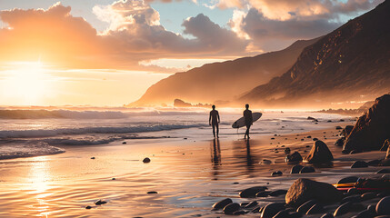 surfers, capturing, essence, sunset, featuring, walking, beach, amidst, beautiful, coastal, landscape, two, along, the, of, the, sea, waves, horizon, orange, sky, silhouette, ocean, leisure, recreatio