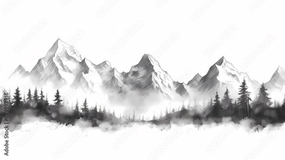 Black and white hand drawn pencil sketch of mountain scene with rocky ...