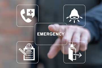 Man using virtual touch screen presses button with word: EMERGENCY. Business emergency plan concept. Checklist to do in disaster, continue business and build resilience concept.