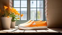 Tangerine-orange slip-ons captured in soft natural light, contrasting the immaculate white.