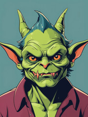 Wall Mural - Flat Pop Art Goblin - Medium shot of a sly grinning goblin with pointed ears in a flat pop art style Gen AI