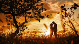 Fototapeta Zwierzęta - Silhouette of a couple in sunset. Valentine day concept.