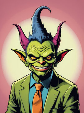 Retro Pop Art Goblin - Medium shot of a sly, grinning goblin with pointed ears in a flat pop art style Gen AI