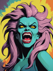 Wall Mural - Retro Pop Art Banshee - Medium Shot of a Monster in Flat Pop Art Style with Wild Hair and Wailing Mouth Gen AI