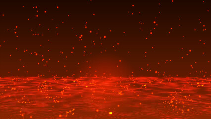 Poster - Abstract Hi-Tech bouncing red particles background. Red sphere particles are falling, bouncing, and exploding into sparks. Futuristic dot-wave animation background. 3D animation 4k video