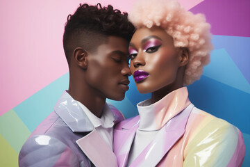 Wall Mural - Young Afro-American female and male model posing. Fashionable couple in love in elegant contemporary clothes. Colorful background.