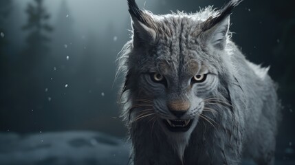 Wall Mural - Close-up of the head of an aggressive lynx ready to attack. Wild animal in winter forest in monochrome style. Illustration for cover, card, postcard, interior design, poster, brochure or presentation.