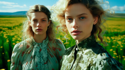 Two girls pose close together looking at the camera, dressed fashionably in Boho chic style with floral patterns, The background shows a vast green field