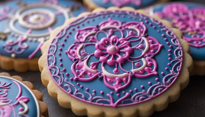 Sticker - Homemade chocolate cookies with ornate icing decoration, a sweet indulgence generated by AI