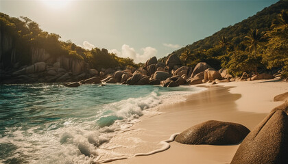 Poster - Sand, water, wave, coastline, sunset, summer, rock, travel, outdoors, seascape generated by AI