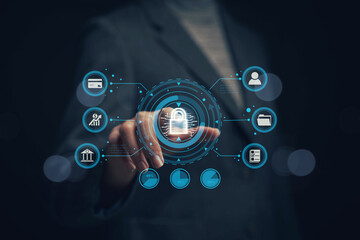 Poster - Cyber ​​security protection concept, personal data protection and financial transaction protection. Security lock technology protects personal information on smartphones.