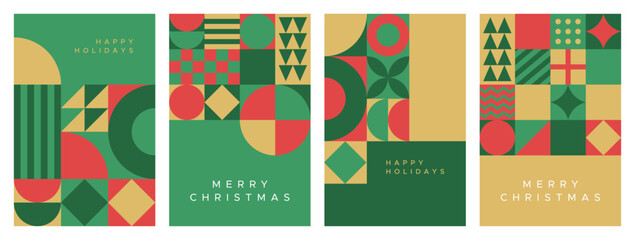 Wall Mural - Merry christmas modern geometric banner template set. Abstract xmas holiday mosaic poster collection with winter decoration. Festive party invitation, minimalist december event greeting card bundle.