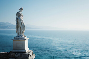 elegant photo showcasing a statue of Athena, the goddess of wisdom, on a podium against the sea, emanating grace and intellect in a minimalistic composition