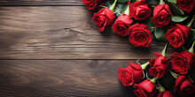 Happy Valentine's Day With Red Roses Over Rustic Wood Background With Copyspace